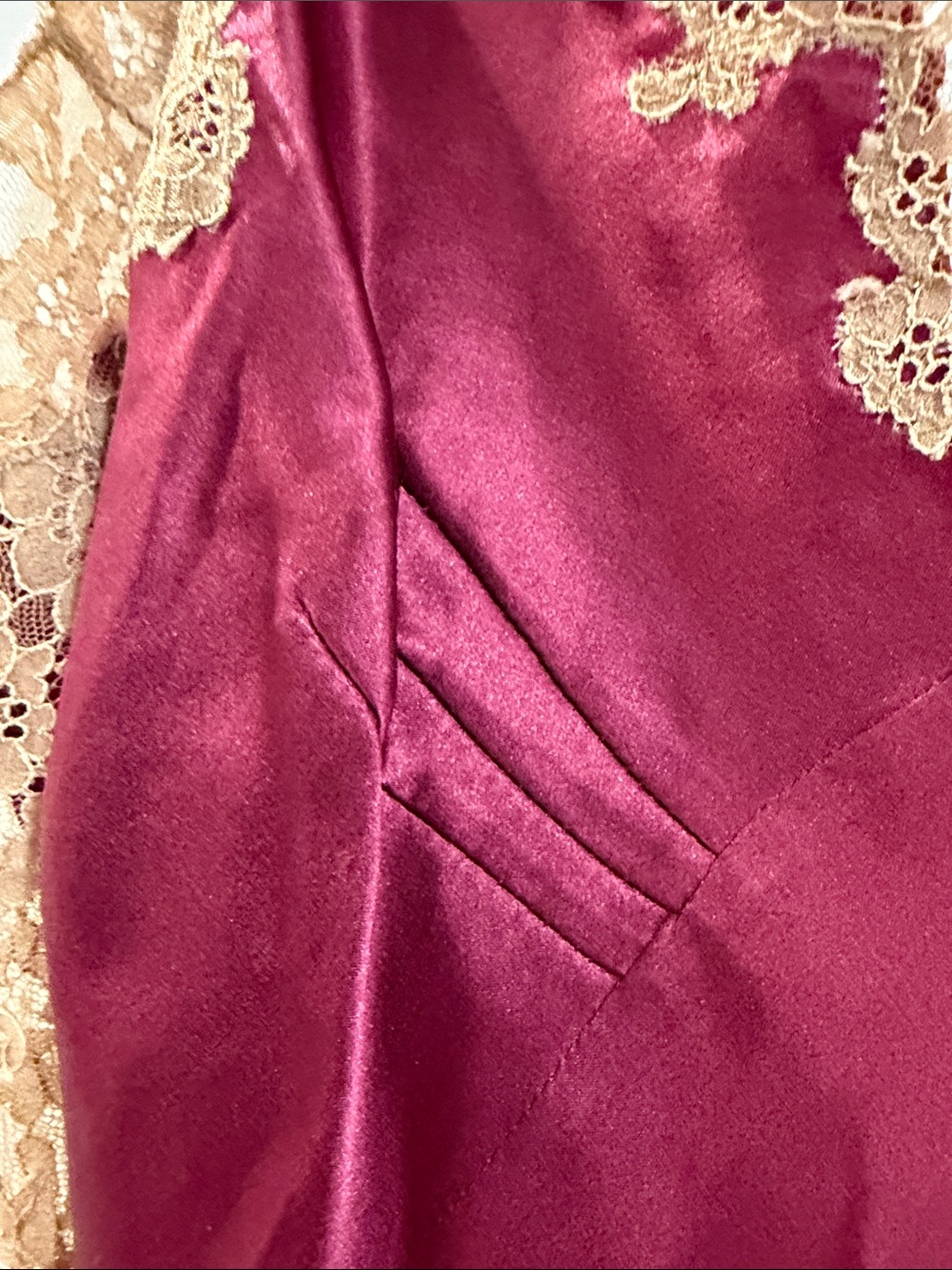 Leigh Bantivoglio -Cranberry Silk Chemise with Champagne Lace Trim - Picture 6 of 10